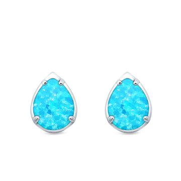 Solitaire Teardrop Pear Stud Earrings Lab Created Light Blue Opal 925 Sterling Silver